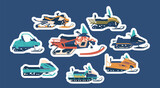 Fototapeta Dinusie - Set of Stickers with Snowmobiles, Winter Machines For Snowy Adventures With Powerful Engines And Skis For Smooth Glides