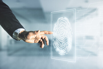Aufkleber - Double exposure of male hand presses on virtual creative fingerprint hologram on blurred office background, research and development concept