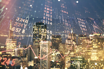 Poster - Multi exposure of creative statistics data hologram on San Francisco skyscrapers background, stats and analytics concept
