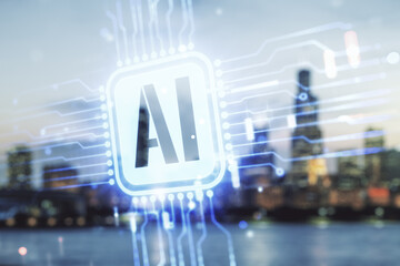 Poster - Double exposure of creative artificial Intelligence icon on blurry cityscape background. Neural networks and machine learning concept