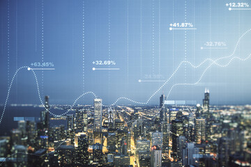 Poster - Abstract virtual analytics data spreadsheet on Chicago cityscape background, analytics and analysis concept. Multiexposure