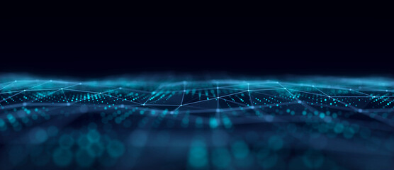 Poster - Technology blue wave with lines. Big data visualization. Analytics representation. Digital background. 3d rendering.