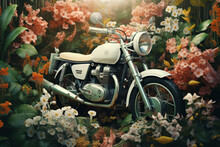 Close Up Of A Toy Motorcycle On A Background Of Colorful Flowers.