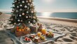 Beach picnic with christmas tree with decorations. Copy space layout for text, letters, invitation card. Christmas party celebration 2024 happy new year.