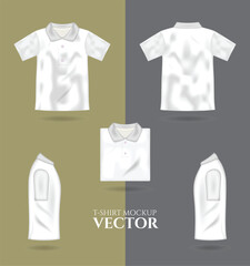 Wall Mural - T-shirt 3d realistic mock up, male white t-shirt vector template front back view. Blank apparel design for men, sportswear, casual clothing
