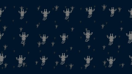 Poster - Giraffe head symbols float horizontally from left to right. Parallax fly effect. Floating symbols are located randomly. Seamless looped 4k animation on dark blue background