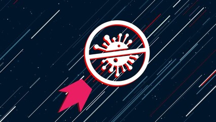 Poster - Stop coronavirus symbol flies through the universe on a jet propulsion. The symbol in the center is shaking due to high speed. Seamless looped 4k animation on dark blue background with stars