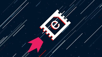 Poster - ESIM symbol flies through the universe on a jet propulsion. The symbol in the center is shaking due to high speed. Seamless looped 4k animation on dark blue background with stars