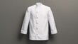 A 3D-rendered, empty white chef jacket, with buttons, is isolated in a front-view mockup.