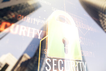 Aufkleber - Virtual creative lock sketch with chip hologram on blurry cityscape background, protection of personal data concept. Multiexposure