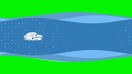 Poster - Animation of blue banner waves movement with white vintage car symbol on the left. On the background there are small white shapes. Seamless looped 4k animation on chroma key background