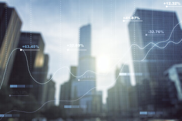 Poster - Abstract virtual analytics data spreadsheet on modern architecture background, analytics and analysis concept. Multiexposure