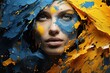 Close-up portrait of a Ukrainian woman framed by broad strokes of yellow and blue oil paint