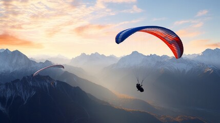 Sticker - A paraglider soaring above picturesque mountains, suspended in the embrace of the wind.