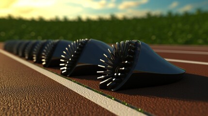 Wall Mural - A pair of track and field spikes lying on a rubberized track.