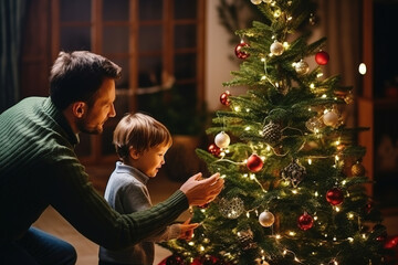 A happy father and son decorate a Christmas tree on Christmas Eve, AI generation