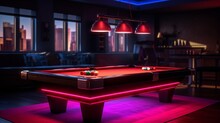 A Professional-grade, Illuminated Snooker Table With Red And Colored Balls Set Up.