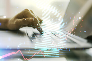 Poster - Double exposure of creative Bitcoin symbol hologram with hands typing on computer keyboard on background. Mining and blockchain concept