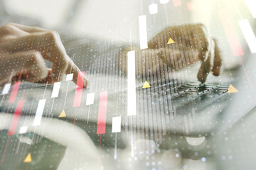 Poster - Multi exposure of abstract creative financial graph with world map and hand typing on laptop on background, forex and investment concept