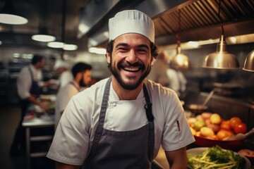 Poster - Happy chef working in a kitchen at a restaurant.