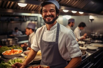 Poster - Happy chef working in a kitchen at a restaurant.