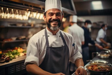 Poster - Happy chef working in a kitchen at a restaurant.