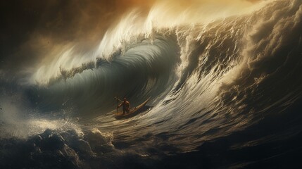 Wall Mural - A surfer riding a massive wave, captured at the peak of the exhilarating moment.