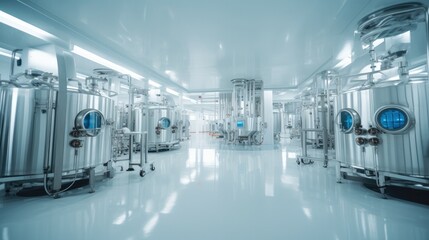 Wall Mural - Metal tanks and lab equipment inside of biopharmaceutical medicine factory.
