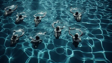 A synchronized swim team in perfect formation, creating intricate patterns in the water.