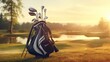 Golf clubs in a bag against the backdrop of a tranquil golf course at sunrise.
