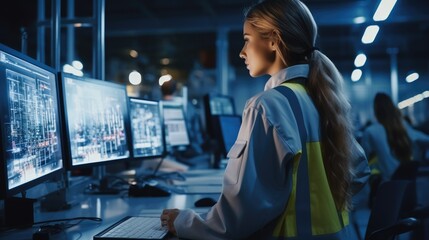 Poster - Project Engineer Female is Controls Facility Production Line in car factory, Uses Computer with Screens. Monitoring, Control, Equipment Design.