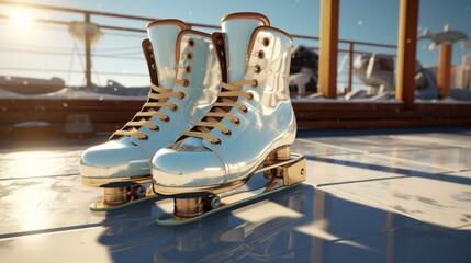 Sticker - Ice skates placed beside a freshly-zambonied ice rink.