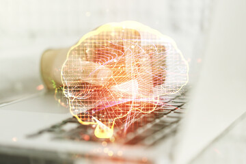 Aufkleber - Double exposure of creative human brain microcircuit with hand typing on computer keyboard on background. Future technology and AI concept