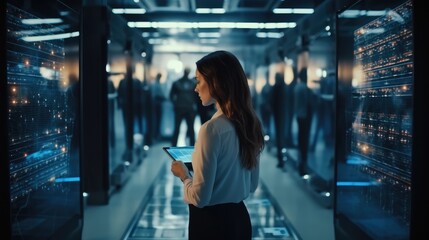 Fototapete - Female IT Specialist Uses Laptop Computer inspects cloud Computing Server Farm, Maintenance Control, E-Business.
