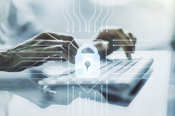 Poster - Creative lock illustration with microcircuit and hands typing on computer keyboard on background, cyber security concept. Multiexposure