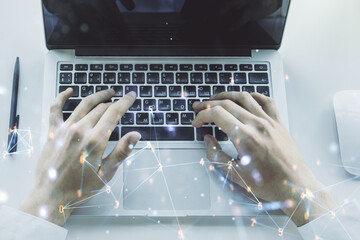 Poster - Creative abstract technology sketch and hands typing on computer keyboard on background, future technology and AI concept. Double exposure