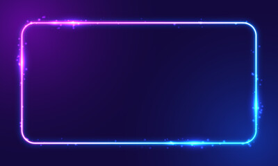 Poster - Vector 3d render, square glowing in the dark, pink blue neon light, illuminate frame design. Abstract cosmic vibrant color backdrop. Glowing neon light. Neon frame with rounded corners.