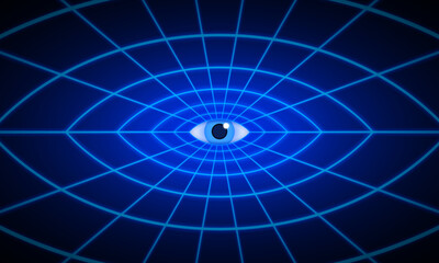 Poster - Universe Retro Futuristic 80's Background 4K. Synthwave wireframe neon net grid. Abstract digital background. 80s, 90s Retro futurism, Retro wave cyber surfaces with a watching eye. Retrowave style