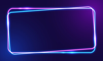 Poster - Vector 3d render, square glowing in the dark, pink blue neon light, illuminate frame design. Abstract cosmic vibrant color backdrop. Glowing neon light. Neon frame with rounded corners.