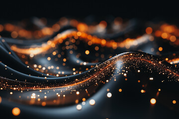 Poster - Abstract background with wavy flowing golden glittering lines and black waves. Illuminated Light Painting. Computer Generated Majestic Wallpaper