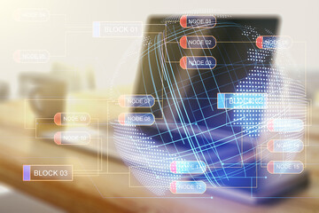 Poster - Double exposure of abstract programming language with world map and modern desktop with laptop on background, research and development concept
