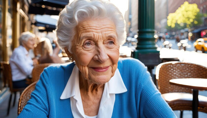 Wall Mural - Beautiful elderly lady outdoors in a cafe copy space