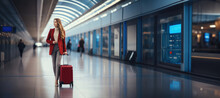 Young Woman With Suitcase At The Airport Terminal. Travel And Tourism Concept.