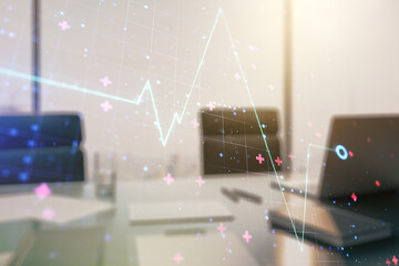 Poster - Creative abstract heart pulse hologram and modern desktop with pc on background, online medical consulting concept. Multiexposure