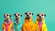Creative animal concept. Meerkat in a group, vibrant bright fashionable outfits isolated on solid background advertisement, copy text space. birthday party invite invitation banner 