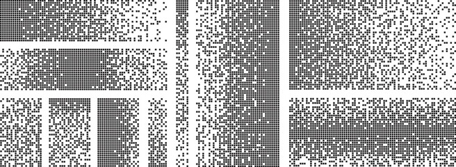 Dispersed elements. Pixelated squares, destruction on fragments. Flat black dispersion element, pixel disintegration backgrounds racy vector collection