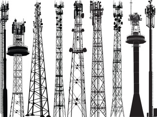 Wall Mural - set of nine antenna black silhouettes on white background
