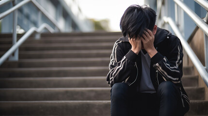 Wall Mural - Crying asian schoolboy upset and depressed. School bullying