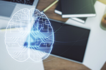 Poster - Creative artificial Intelligence concept with human brain sketch and modern digital tablet on desktop on background, top view. Double exposure