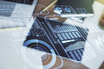 Poster - Multi exposure of creative statistics data hologram and digital tablet on background, top view, stats and analytics concept